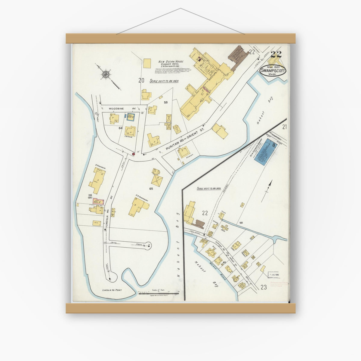 Old map wall art mockup — magnetic wood frame on white wall — Sanborn Fire Insurance Map from Swampscott, Essex County, Massachusetts (1920), Sheet #0022
