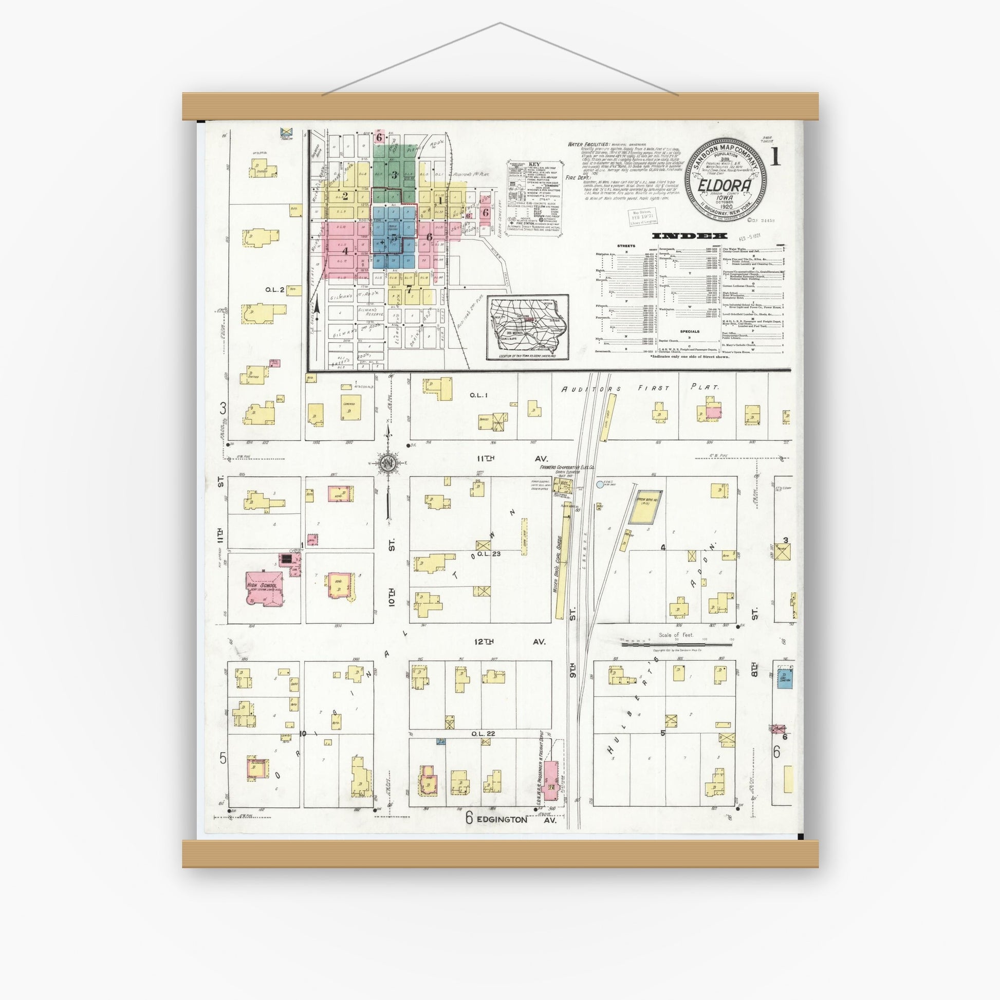 Old map wall art mockup — magnetic wood frame on white wall — Sanborn Fire Insurance Map from Eldora, Hardin County, Iowa (1920) â€” Complete Set