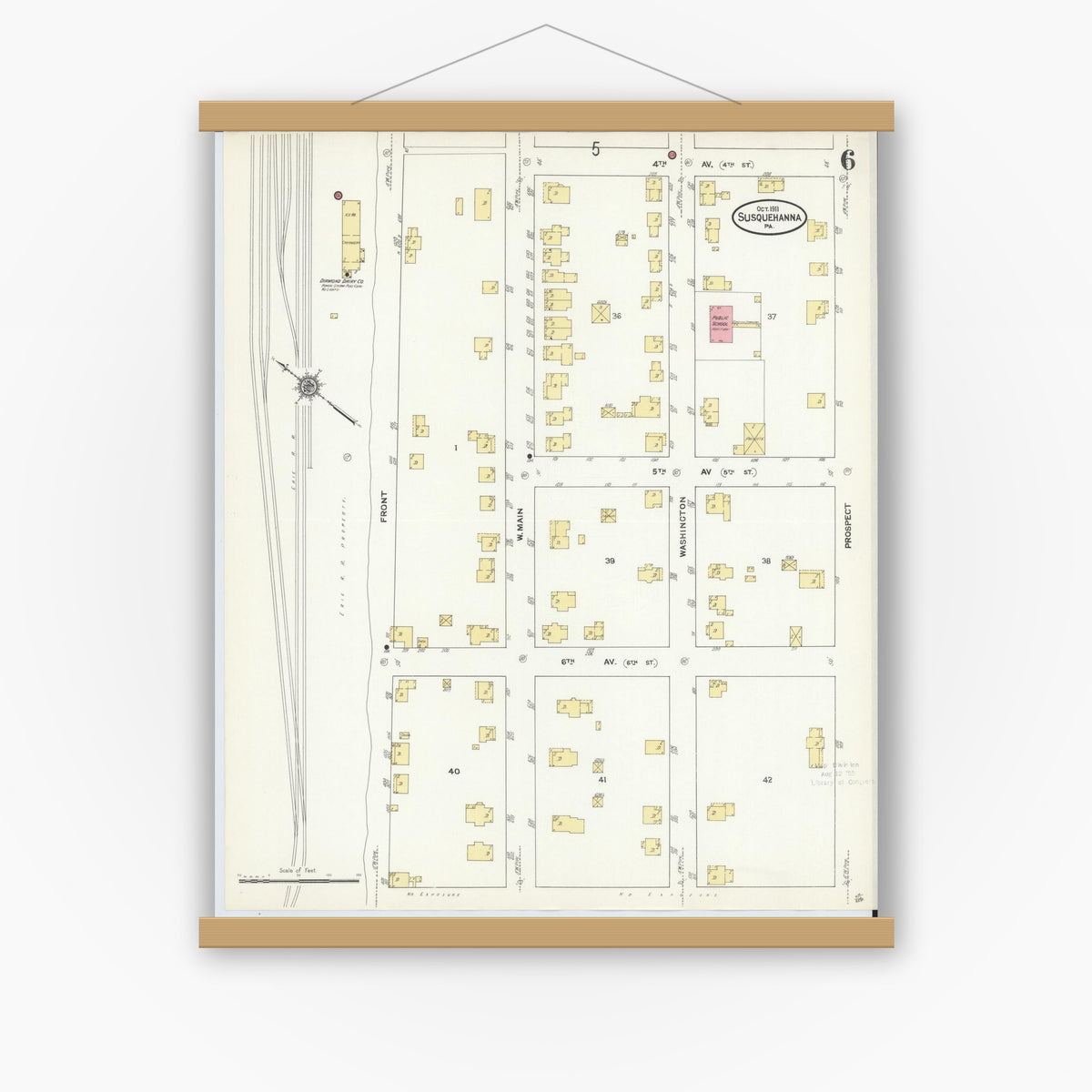 Old map wall art mockup — magnetic wood frame on white wall — Sanborn Fire Insurance Map from Susquehanna, Susquehanna County, Pennsylvania (1911), Sheet #0006