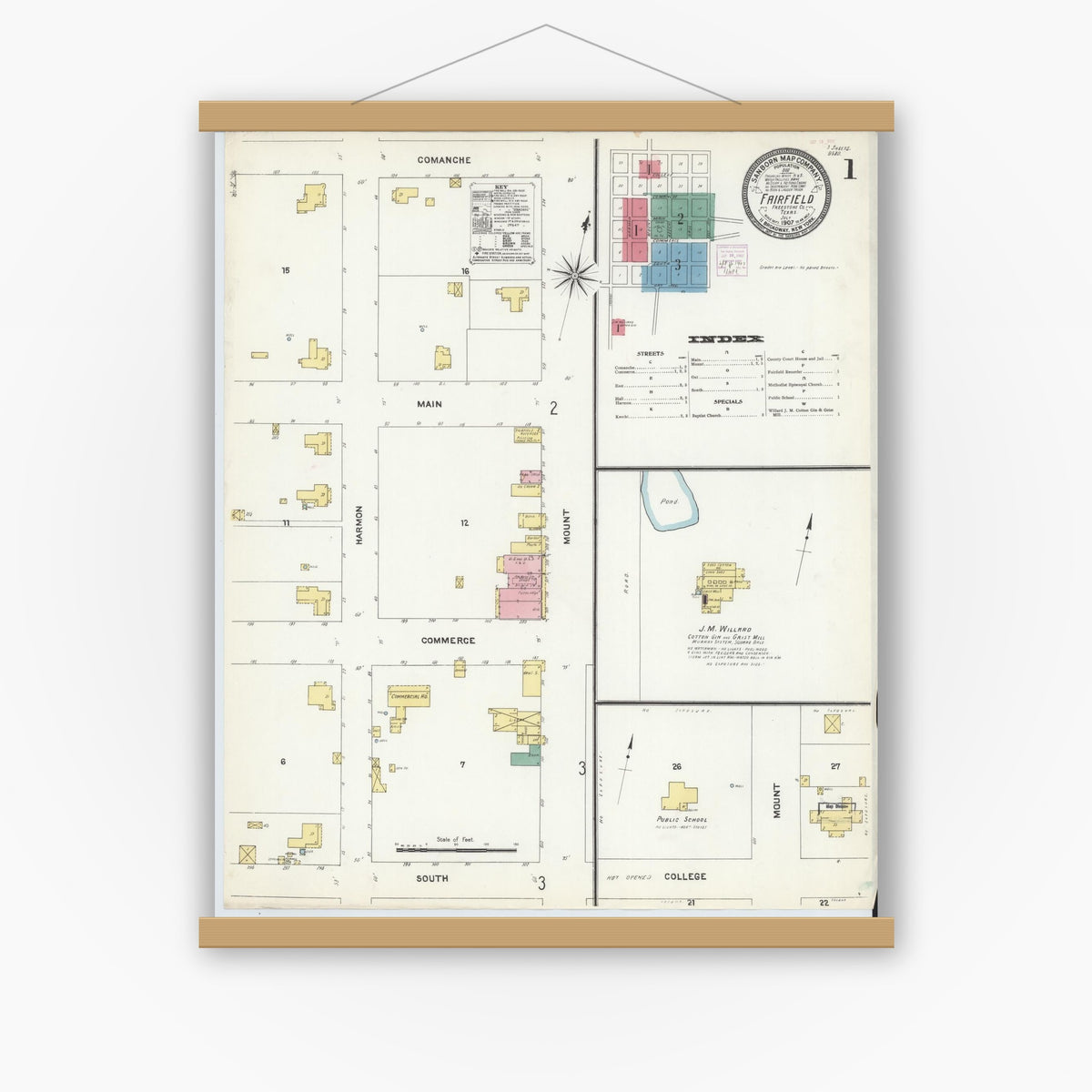 Old map wall art mockup — magnetic wood frame on white wall — Sanborn Fire Insurance Map from Fairfield, Freestone County, Texas (1907), Sheet #0001