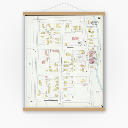 Old map wall art mockup — magnetic wood frame on white wall — Sanborn Fire Insurance Map from Monroe, Monroe County, Michigan (1899), Sheet #0005