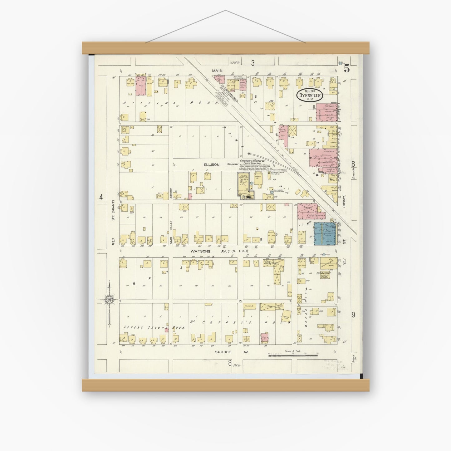 Old map wall art mockup — magnetic wood frame on white wall — Sanborn Fire Insurance Map from Byesville, Guernsey County, Ohio (1913), Sheet #0005