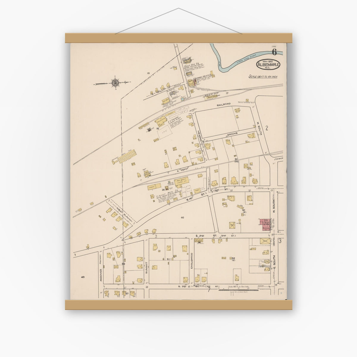 Old map wall art mockup — magnetic wood frame on white wall — Sanborn Fire Insurance Map from Albemarle, Stanley County, North Carolina (1922), Sheet #0006