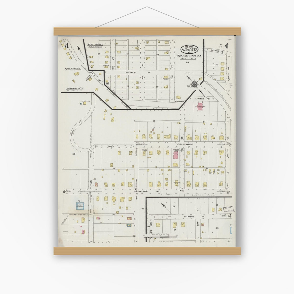 Old map wall art mockup — magnetic wood frame on white wall — Sanborn Fire Insurance Map from Altavista, Campbell County, Virginia (1925), Sheet #0004