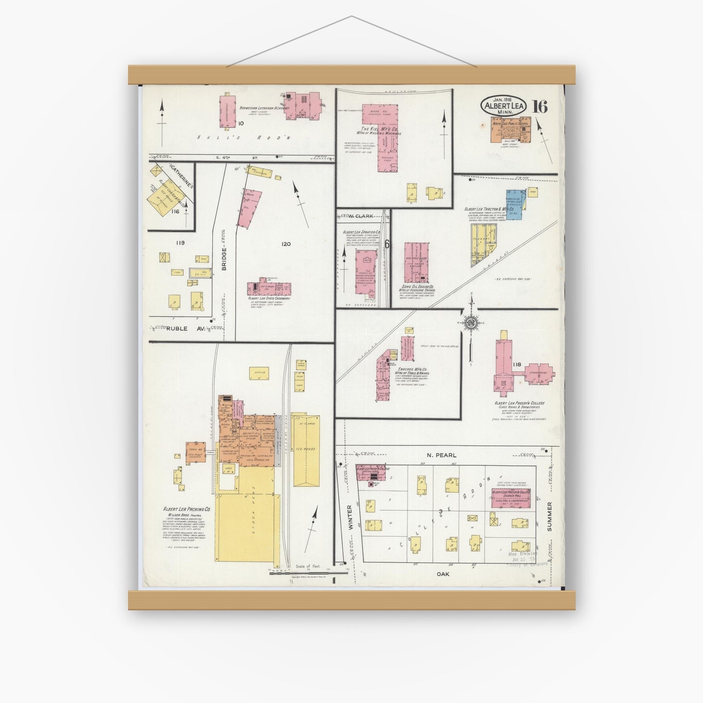Old map wall art mockup — magnetic wood frame on white wall — Sanborn Fire Insurance Map from Albert Lea, Freeborn County, Minnesota (1918), Sheet #0016