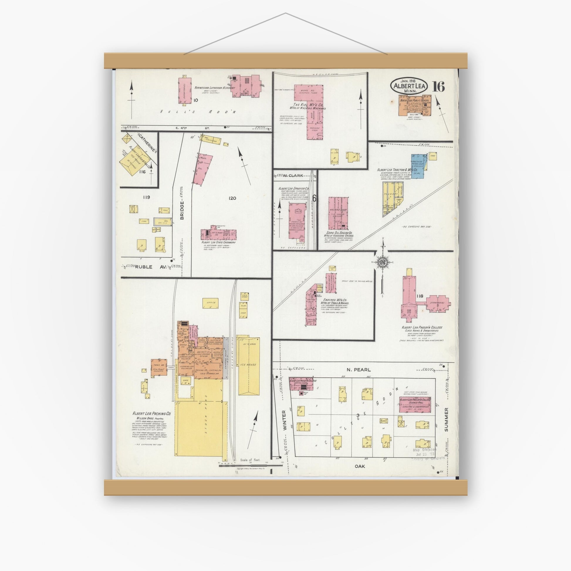 Old map wall art mockup — magnetic wood frame on white wall — Sanborn Fire Insurance Map from Albert Lea, Freeborn County, Minnesota (1918), Sheet #0016
