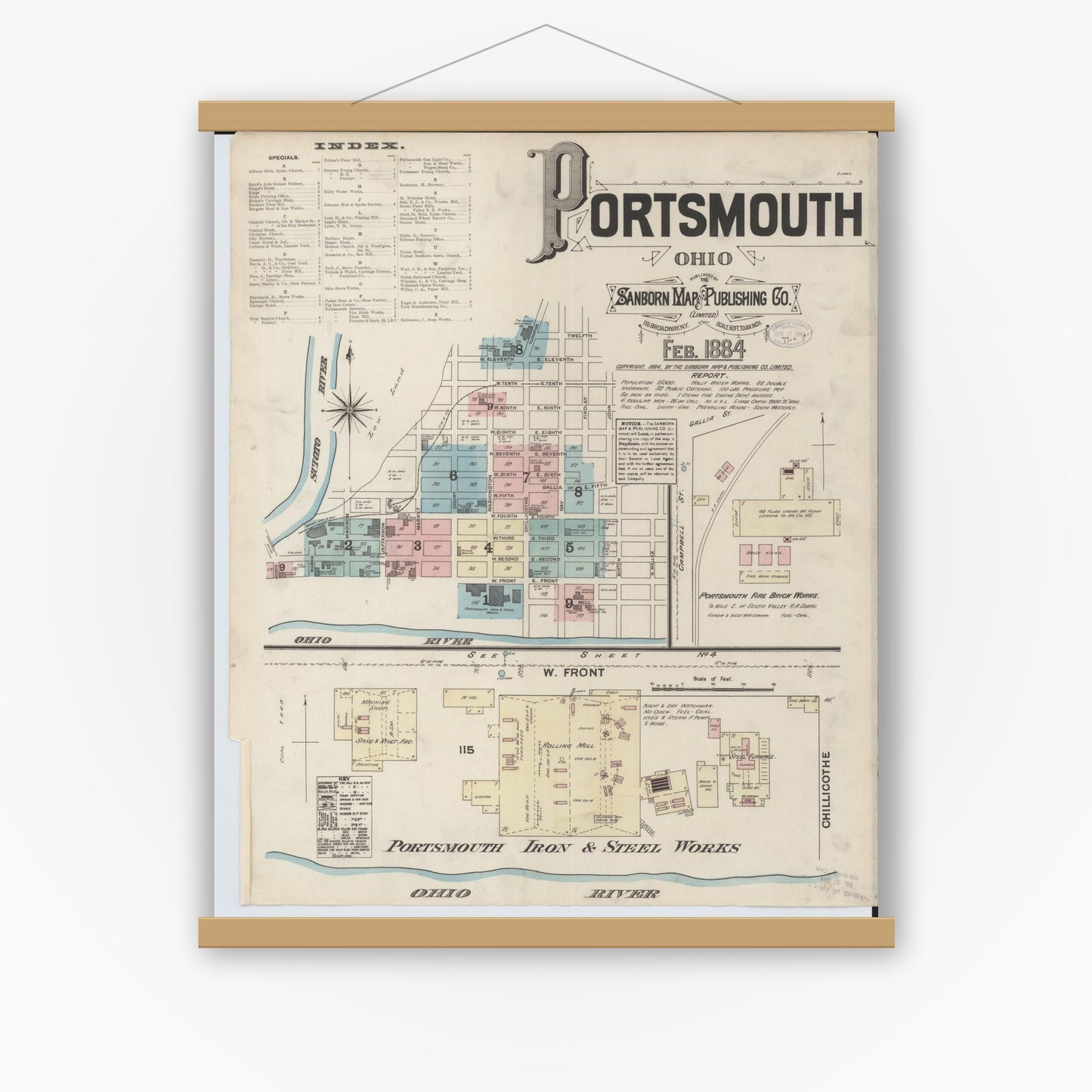 Old map wall art mockup — magnetic wood frame on white wall — Sanborn Fire Insurance Map from Portsmouth, Scioto County, Ohio (1884) - Complete Map Set