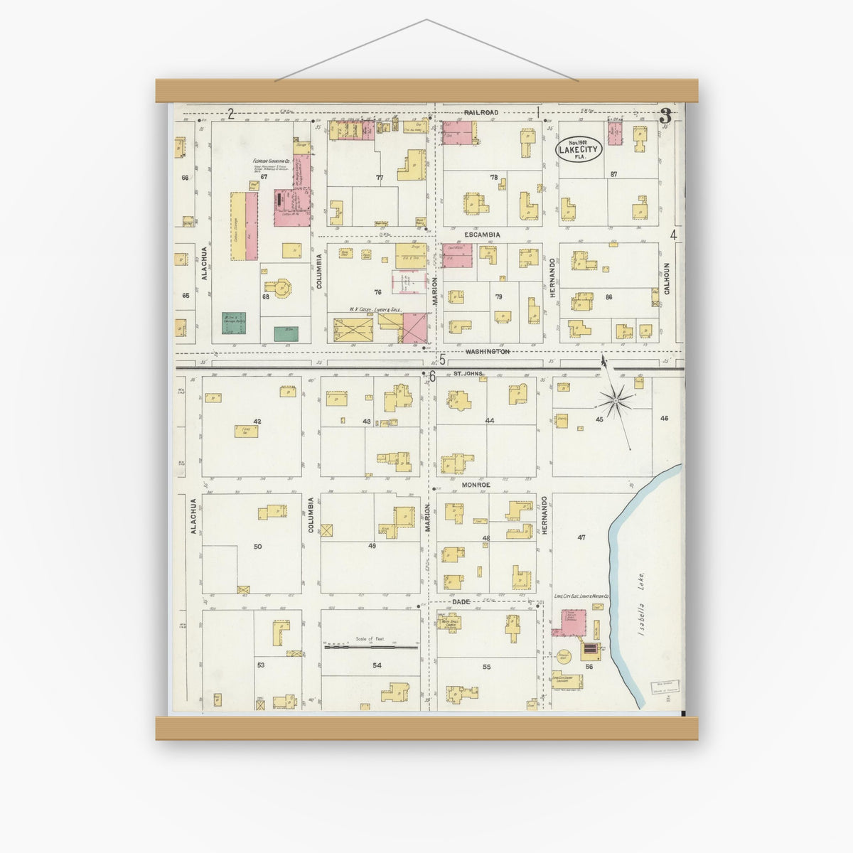 Old map wall art mockup — magnetic wood frame on white wall — Sanborn Fire Insurance Map from Lake City, Columbia County, Florida (1902), Sheet #0003