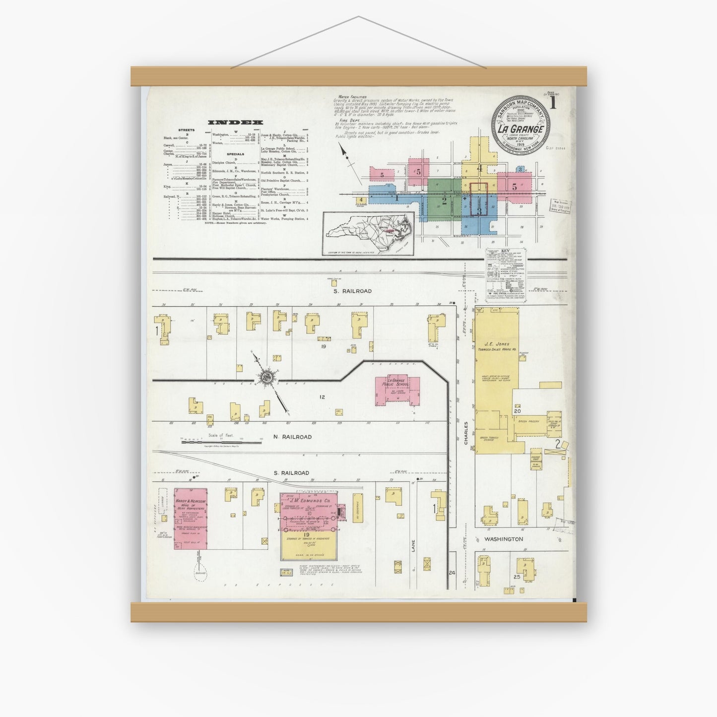 Old map wall art mockup — magnetic wood frame on white wall — Sanborn Fire Insurance Map from La Grange, Lenoir County, North Carolina (1919), Sheet #0001