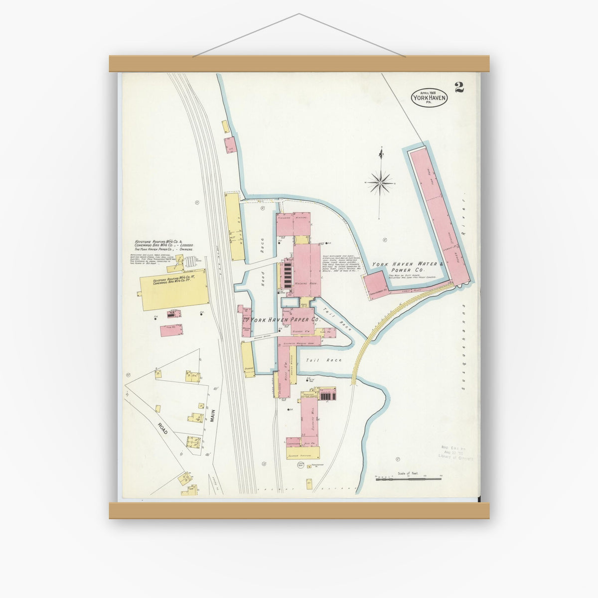 Old map wall art mockup — magnetic wood frame on white wall — Sanborn Fire Insurance Map from York Haven, York County, Pennsylvania (1908), Sheet #0002