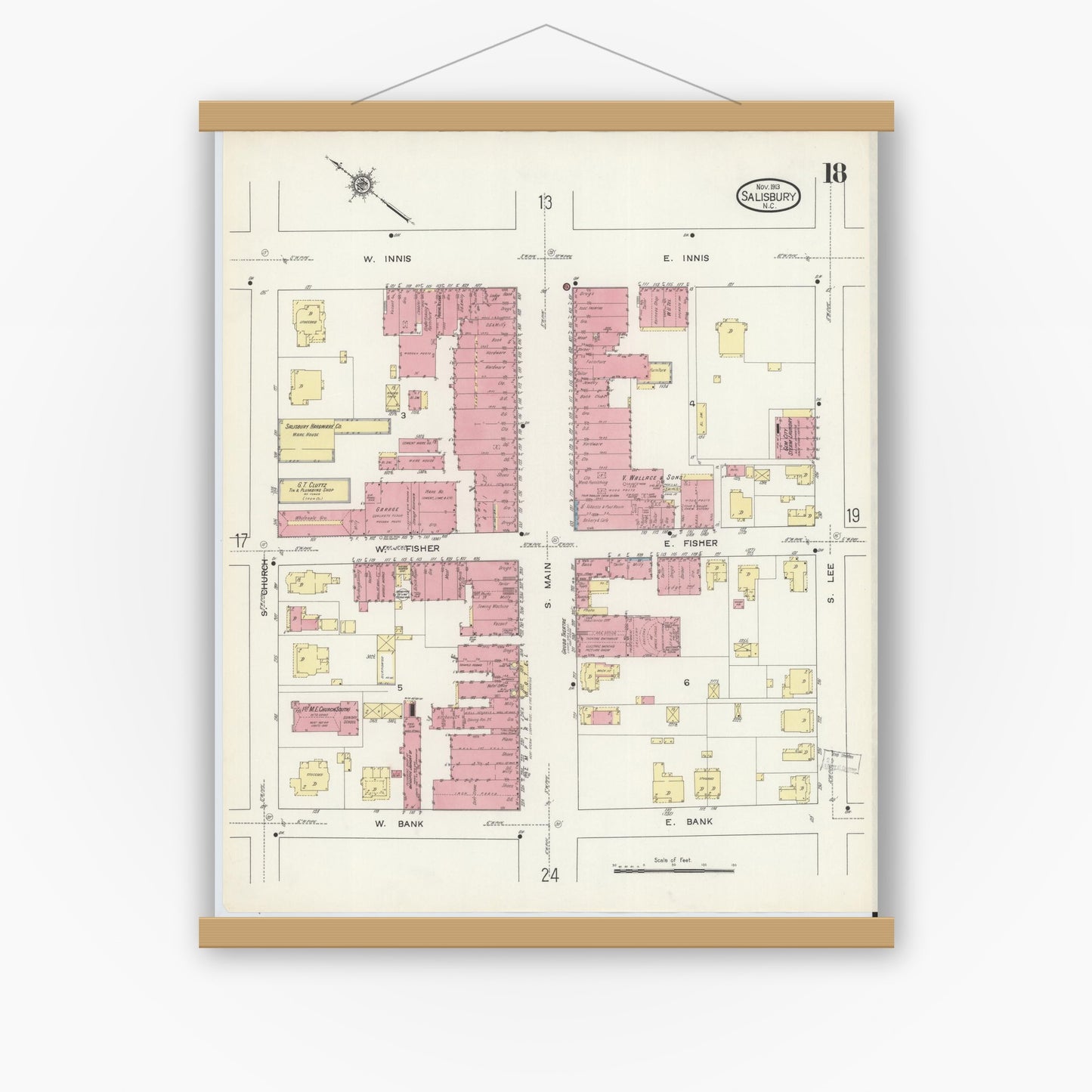 Old map wall art mockup — magnetic wood frame on white wall — Sanborn Fire Insurance Map from Salisbury, Rowan County, North Carolina (1913), Sheet #0018