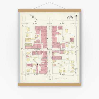 Old map wall art mockup — magnetic wood frame on white wall — Sanborn Fire Insurance Map from Salisbury, Rowan County, North Carolina (1913), Sheet #0018
