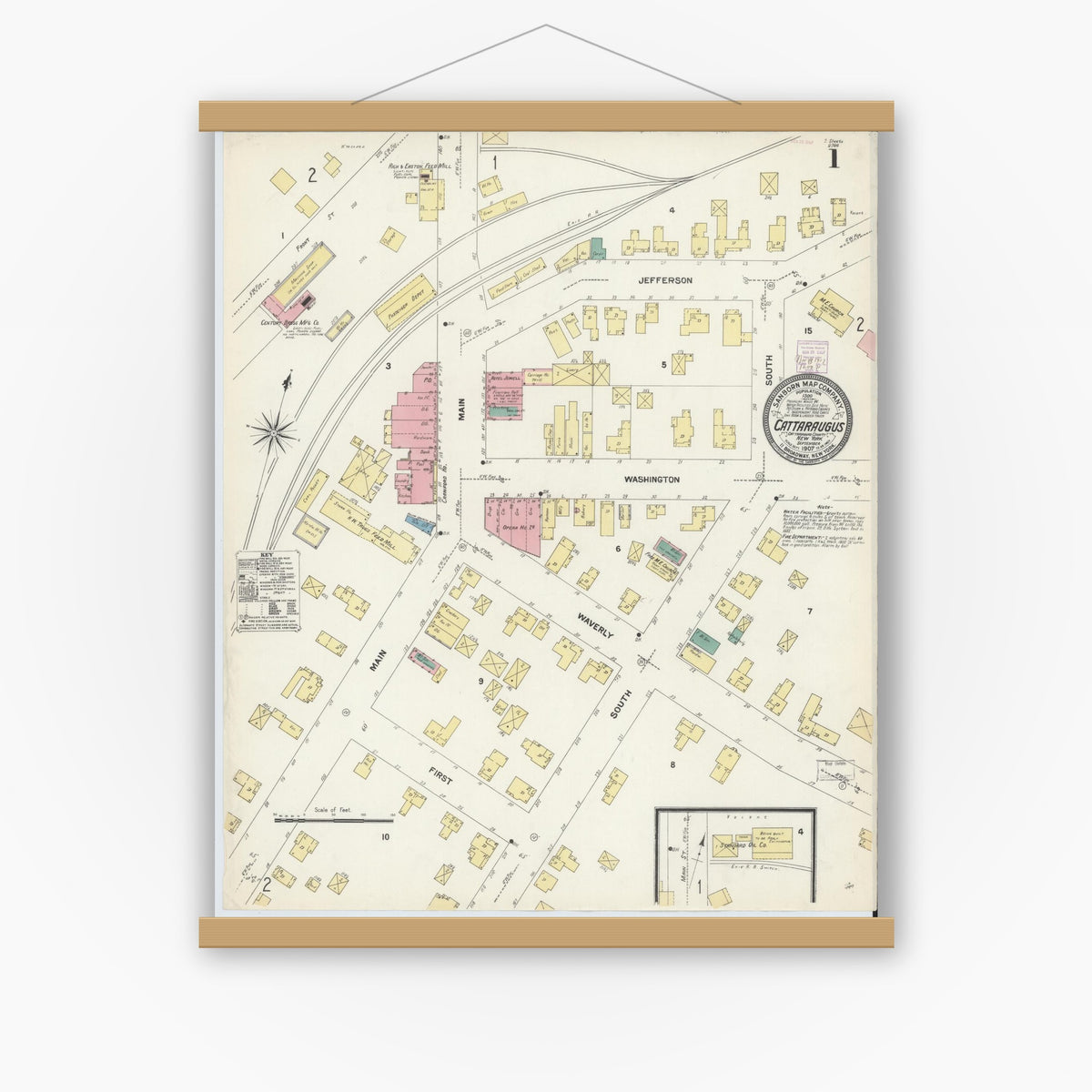 Old map wall art mockup — magnetic wood frame on white wall — Sanborn Fire Insurance Map from Cattaraugus, Cattaraugus County, New York (1907) - Complete Map Set