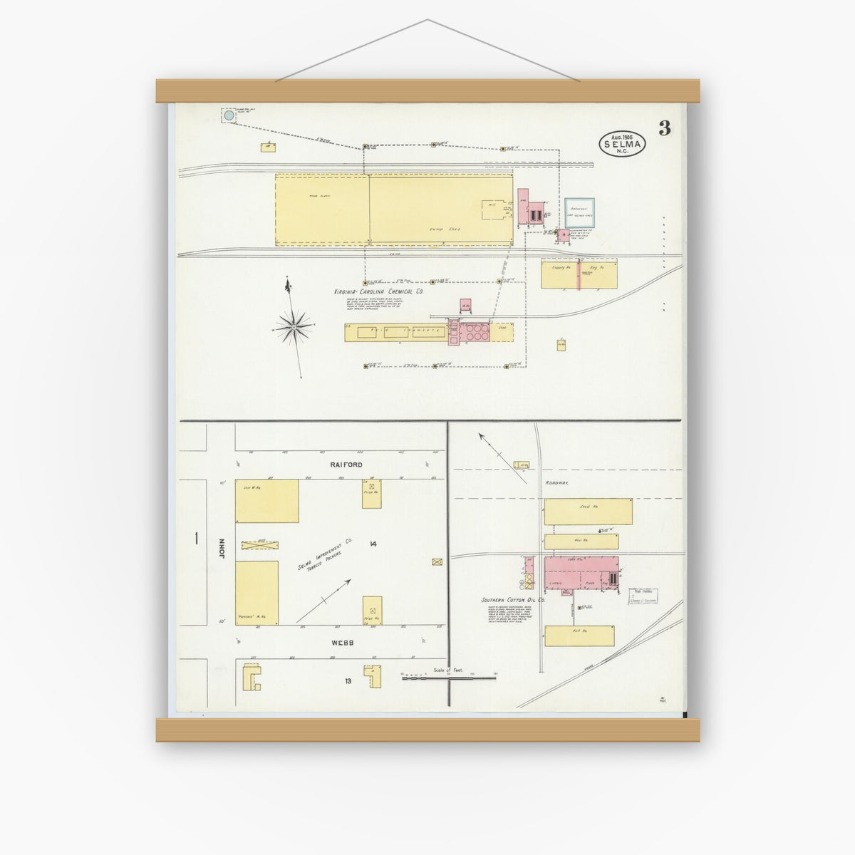 Old map wall art mockup — magnetic wood frame on white wall — Sanborn Fire Insurance Map from Selma, Johnston County, North Carolina (1905), Sheet #0003