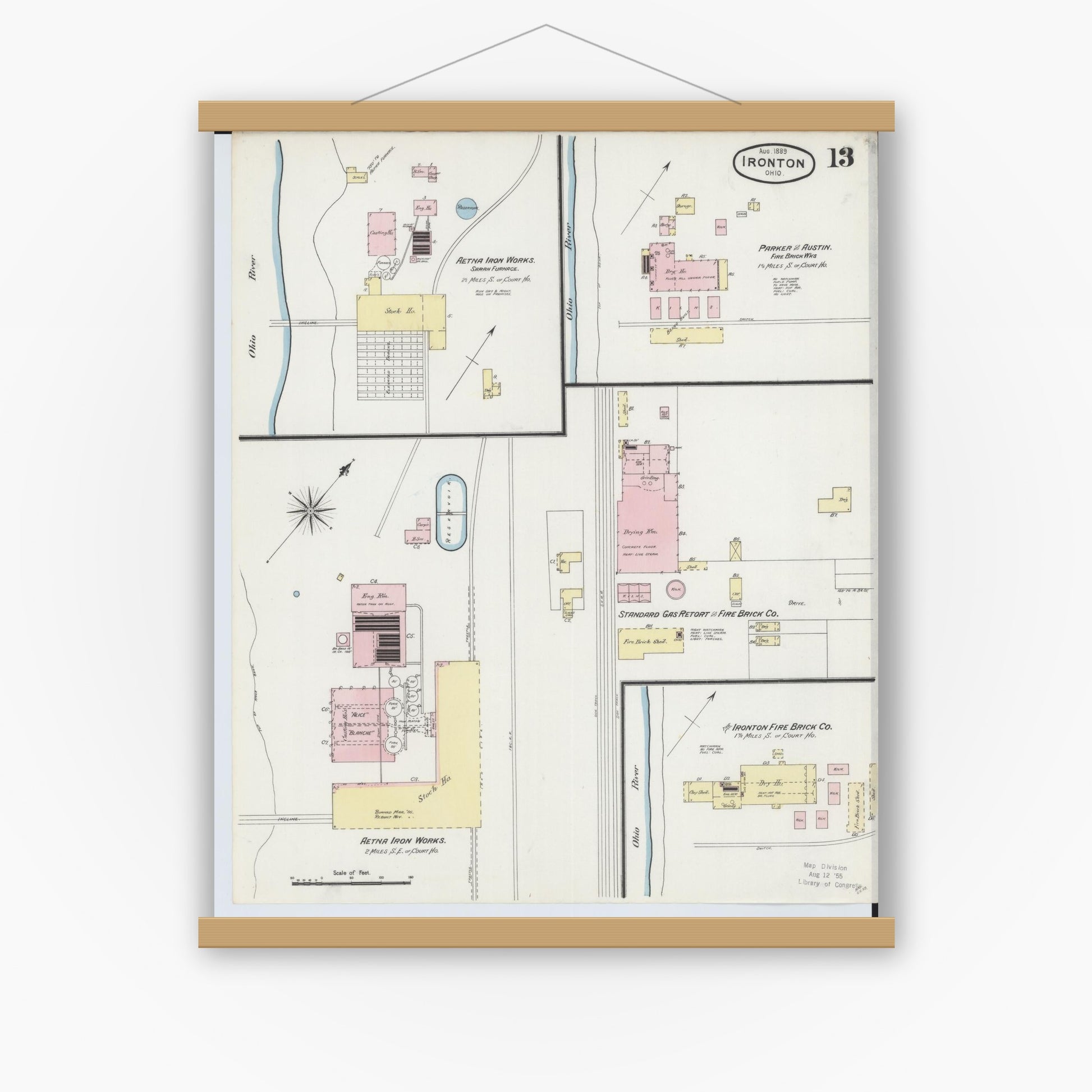 Old map wall art mockup — magnetic wood frame on white wall — Sanborn Fire Insurance Map from Ironton, Lawrence County, Ohio (1889), Sheet #0013