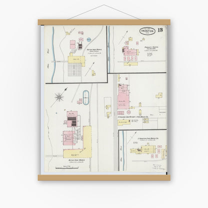 Old map wall art mockup — magnetic wood frame on white wall — Sanborn Fire Insurance Map from Ironton, Lawrence County, Ohio (1889), Sheet #0013