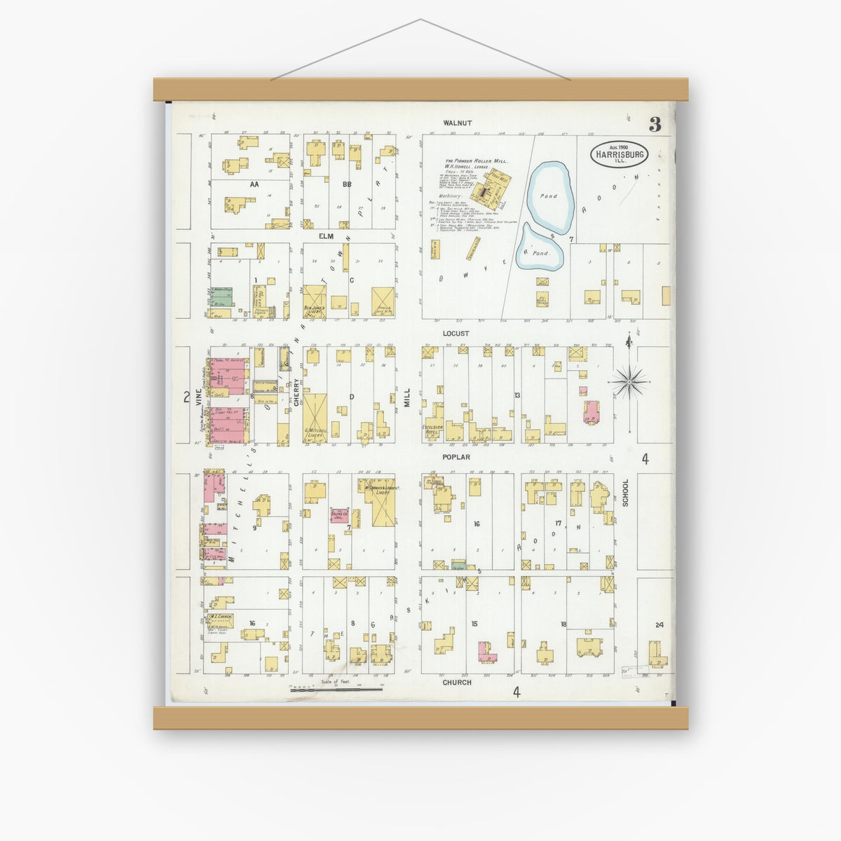 Old map wall art mockup — magnetic wood frame on white wall — Sanborn Fire Insurance Map from Harrisburg, Saline County, Illinois (1900), Sheet #0003