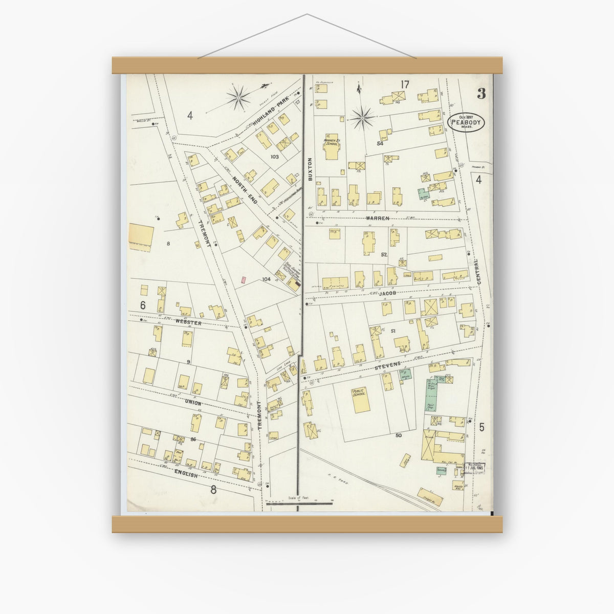 Old map wall art mockup — magnetic wood frame on white wall — Sanborn Fire Insurance Map from Peabody, Essex County, Massachusetts (1897), Sheet #0003