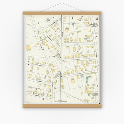 Old map wall art mockup — magnetic wood frame on white wall — Sanborn Fire Insurance Map from Peabody, Essex County, Massachusetts (1897), Sheet #0003