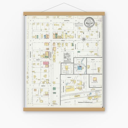 Old map wall art mockup — magnetic wood frame on white wall — Sanborn Fire Insurance Map from Montfort, Grant County, Wisconsin (1905), Sheet #0001