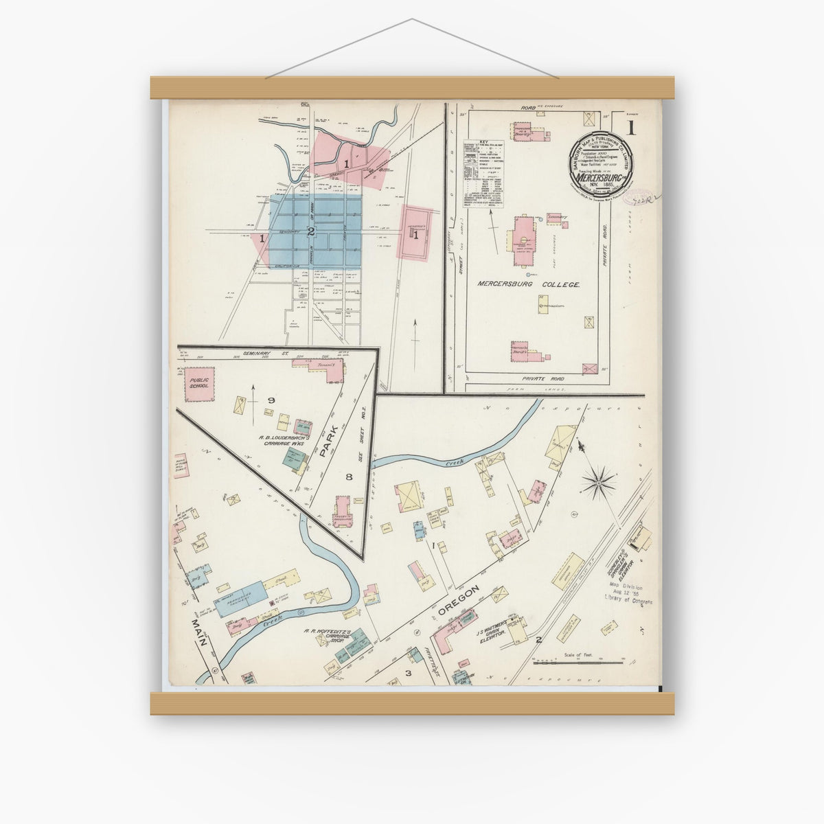 Old map wall art mockup — magnetic wood frame on white wall — Sanborn Fire Insurance Map from Mercersburg, Franklin County, Pennsylvania (1885) - Complete Map Set