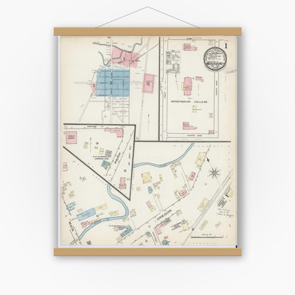 Old map wall art mockup — magnetic wood frame on white wall — Sanborn Fire Insurance Map from Mercersburg, Franklin County, Pennsylvania (1885) - Complete Map Set