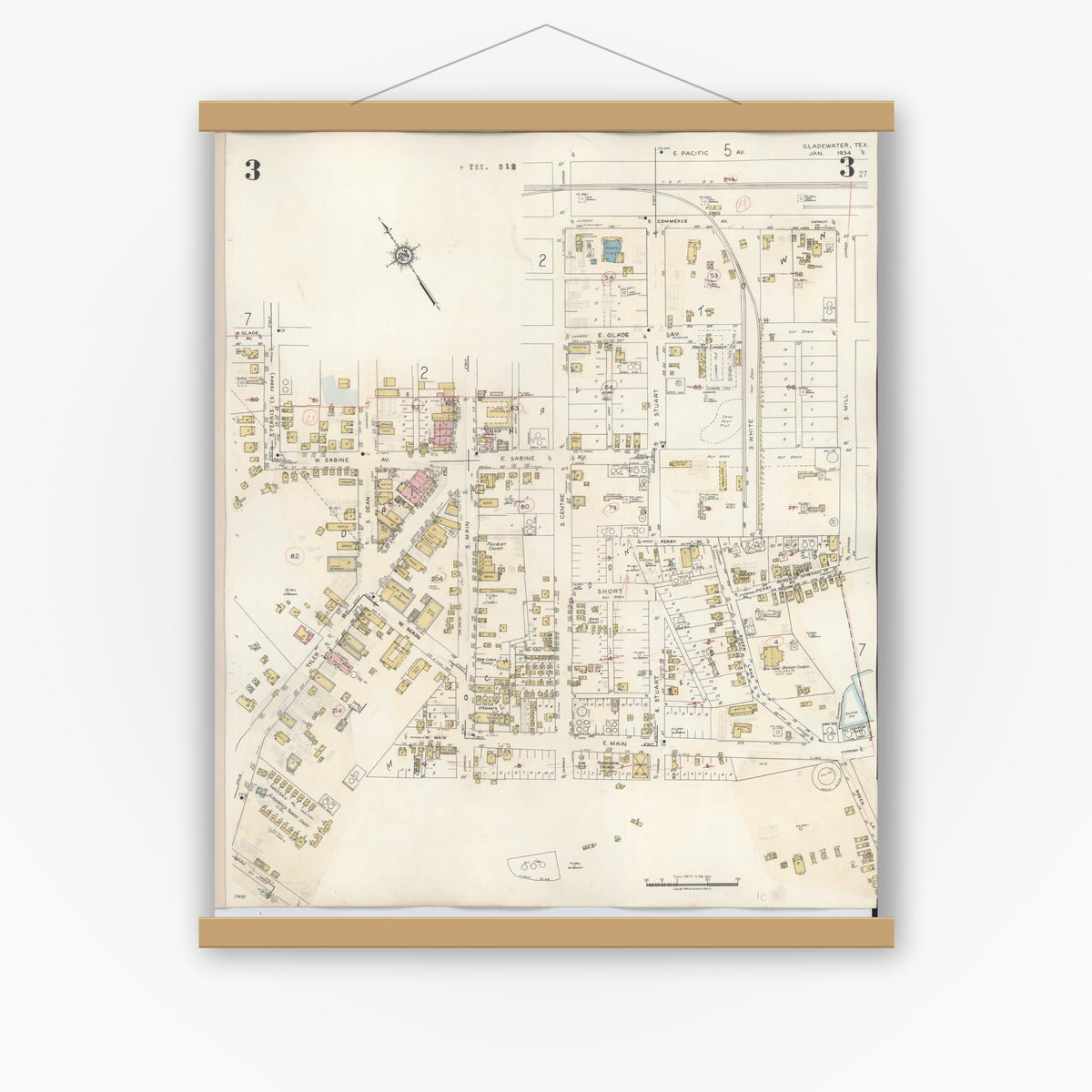 Old map wall art mockup — magnetic wood frame on white wall — Sanborn Fire Insurance Map from Gladewater, Gregg County, Texas (1938), Sheet #0003