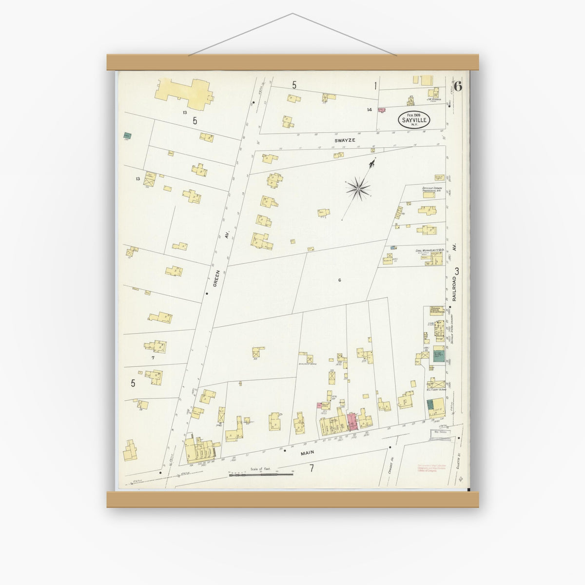 Old map wall art mockup — magnetic wood frame on white wall — Sanborn Fire Insurance Map from Sayville, Suffolk County, New York (1909), Sheet #0006