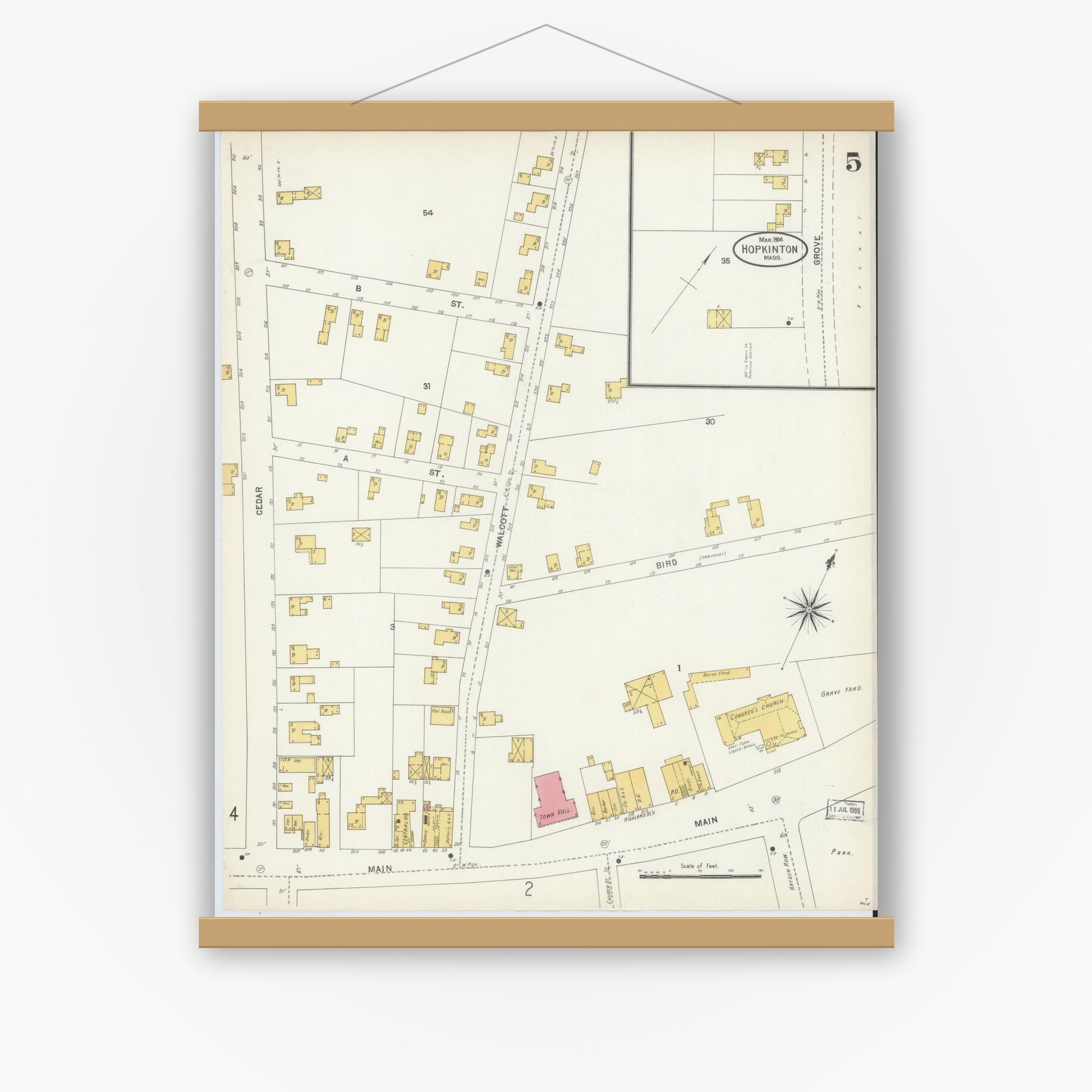 Old map wall art mockup — magnetic wood frame on white wall — Sanborn Fire Insurance Map from Hopkinton, Middlesex County, Massachusetts (1904), Sheet #0005