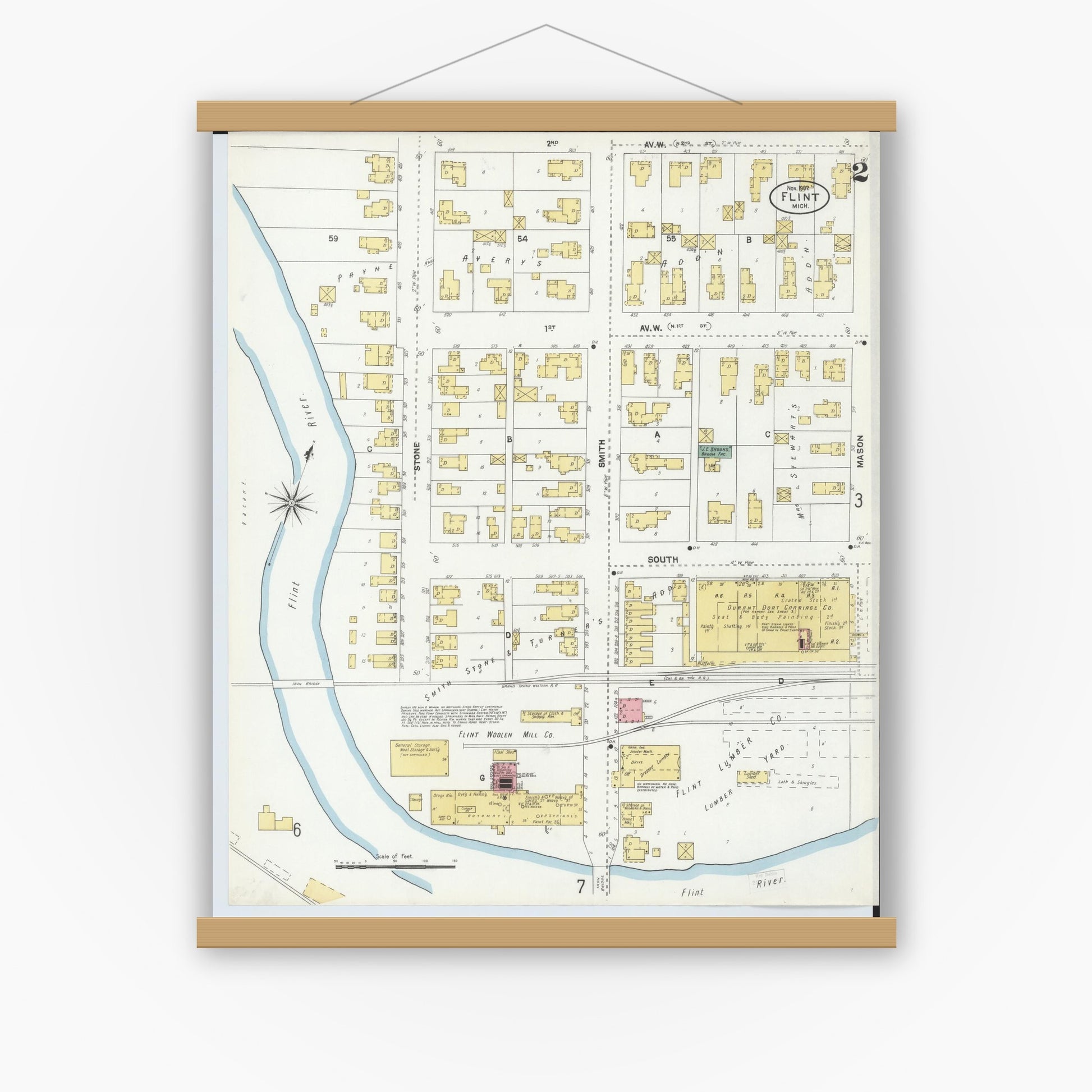 Old map wall art mockup — magnetic wood frame on white wall — Sanborn Fire Insurance Map from Flint, Genesee County, Michigan (1902), Sheet #0002