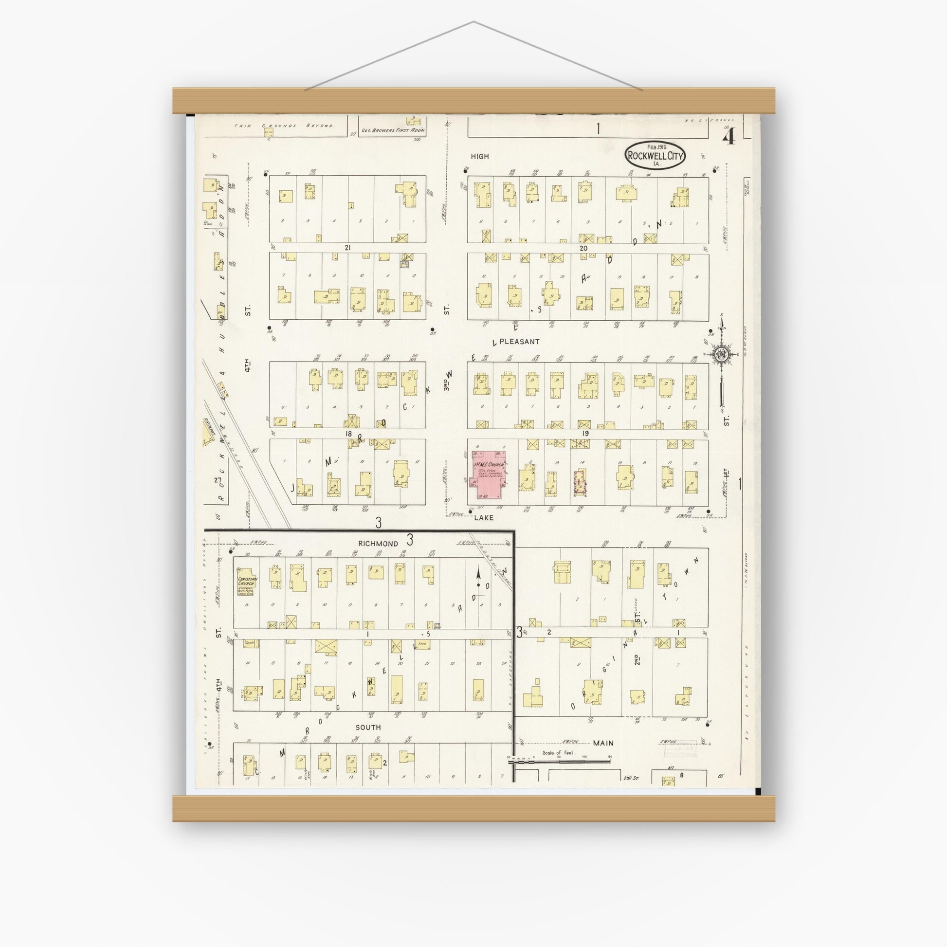 Old map wall art mockup — magnetic wood frame on white wall — Sanborn Fire Insurance Map from Rockwell City, Calhoun County, Iowa (1915), Sheet #0004