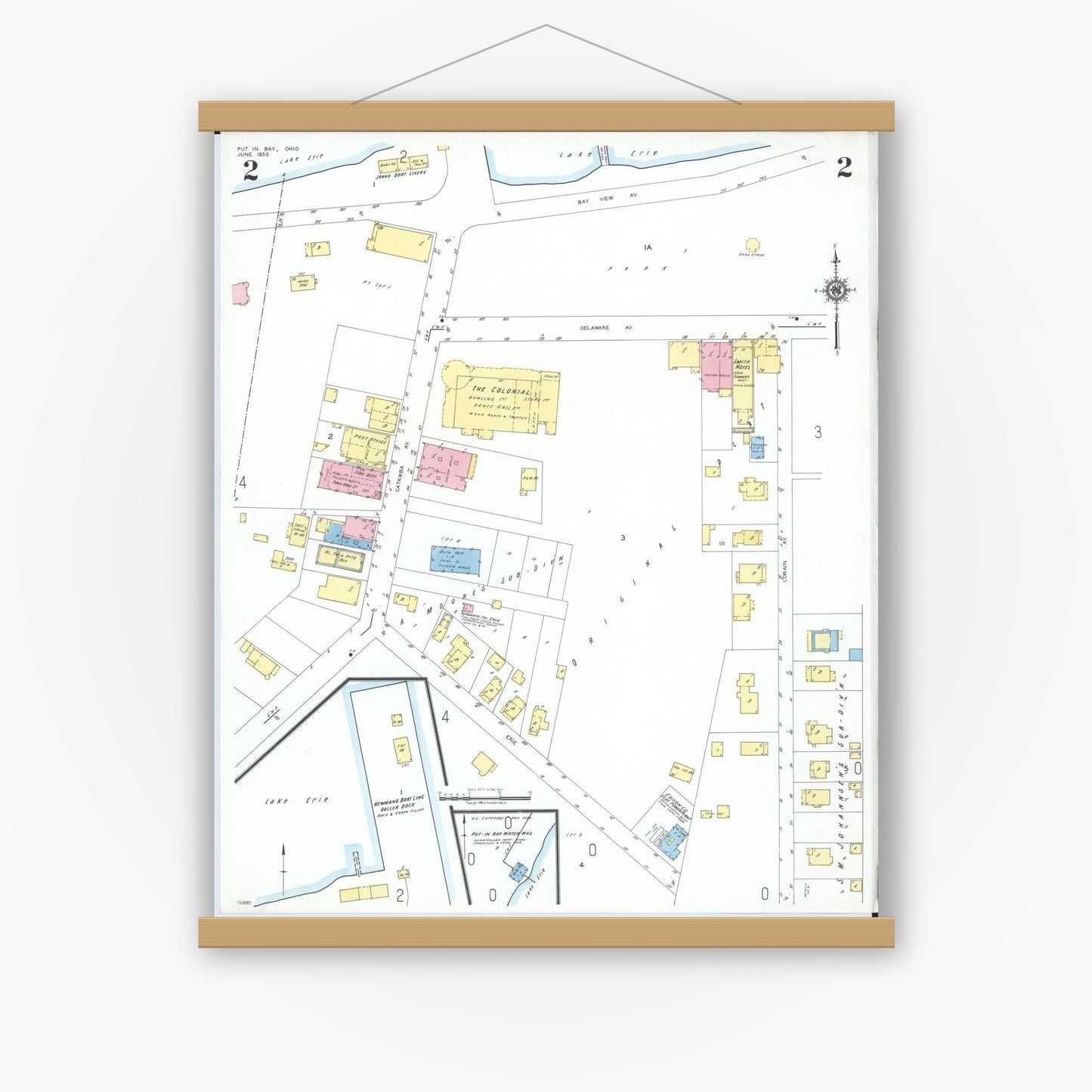 Old map wall art mockup — magnetic wood frame on white wall — Sanborn Fire Insurance Map from Put-in-bay, Ottawa County, Ohio (1950), Sheet #0002