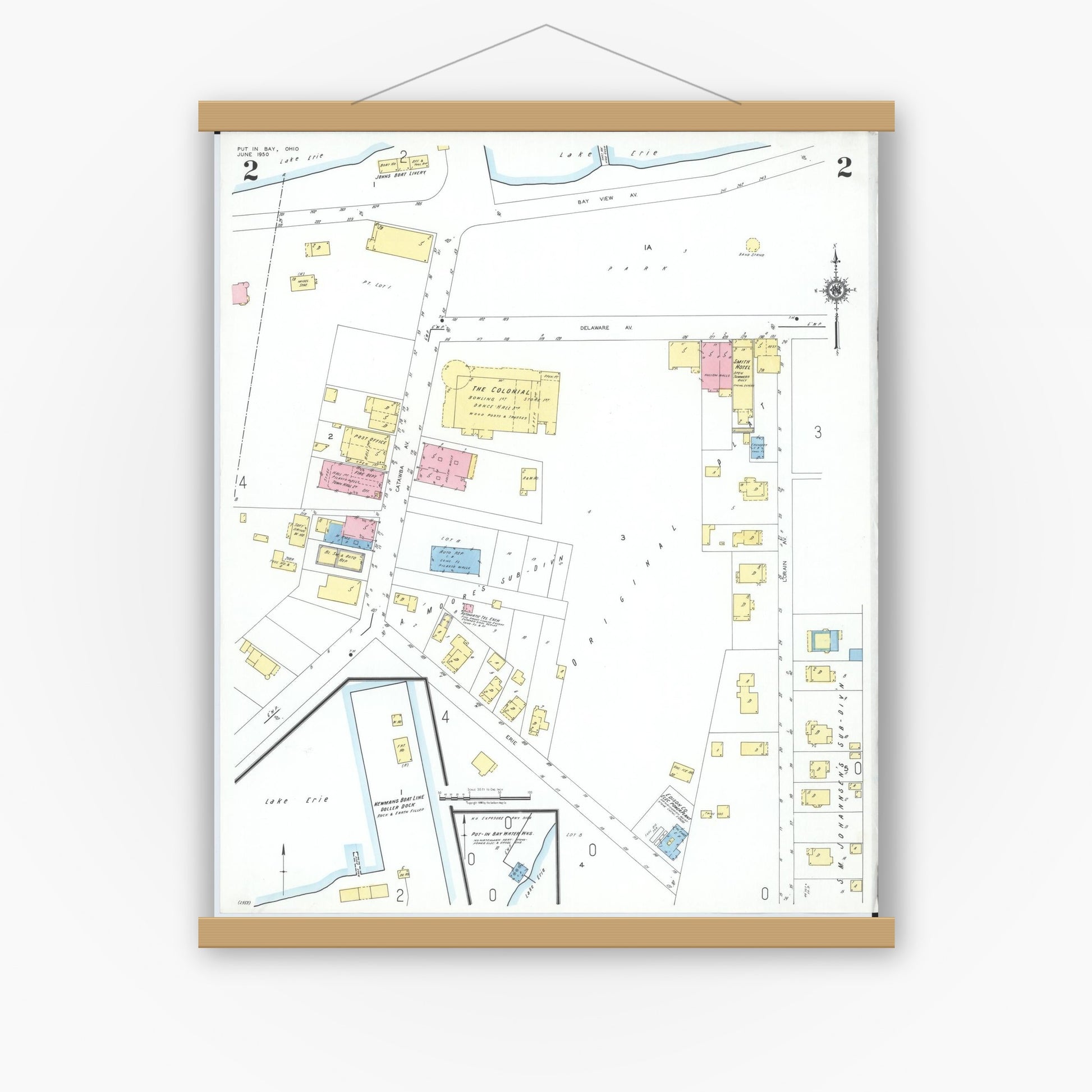 Old map wall art mockup — magnetic wood frame on white wall — Sanborn Fire Insurance Map from Put-in-bay, Ottawa County, Ohio (1950), Sheet #0002