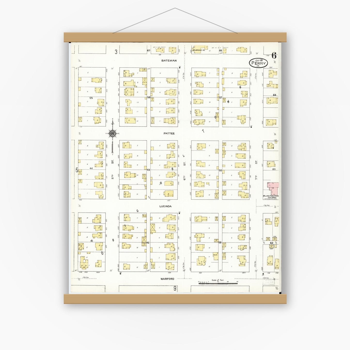 Old map wall art mockup — magnetic wood frame on white wall — Sanborn Fire Insurance Map from Perry, Dallas County, Iowa (1911), Sheet #0006