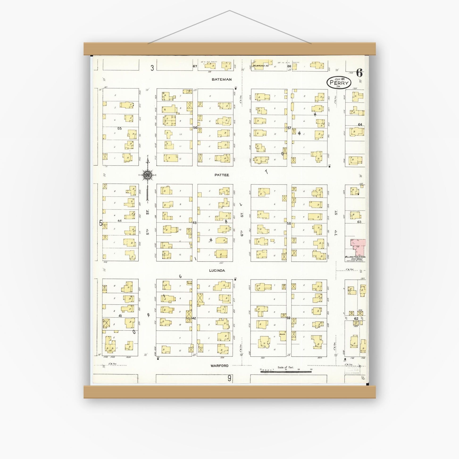 Old map wall art mockup — magnetic wood frame on white wall — Sanborn Fire Insurance Map from Perry, Dallas County, Iowa (1911), Sheet #0006