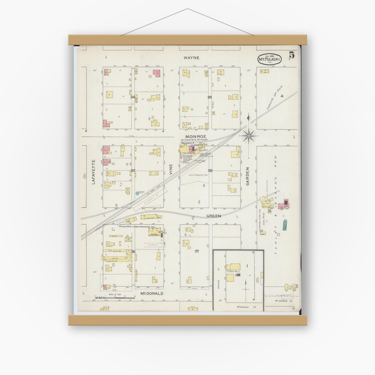 Old map wall art mockup — magnetic wood frame on white wall — Sanborn Fire Insurance Map from Mount Pulaski, Logan County, Illinois (1893), Sheet #0005