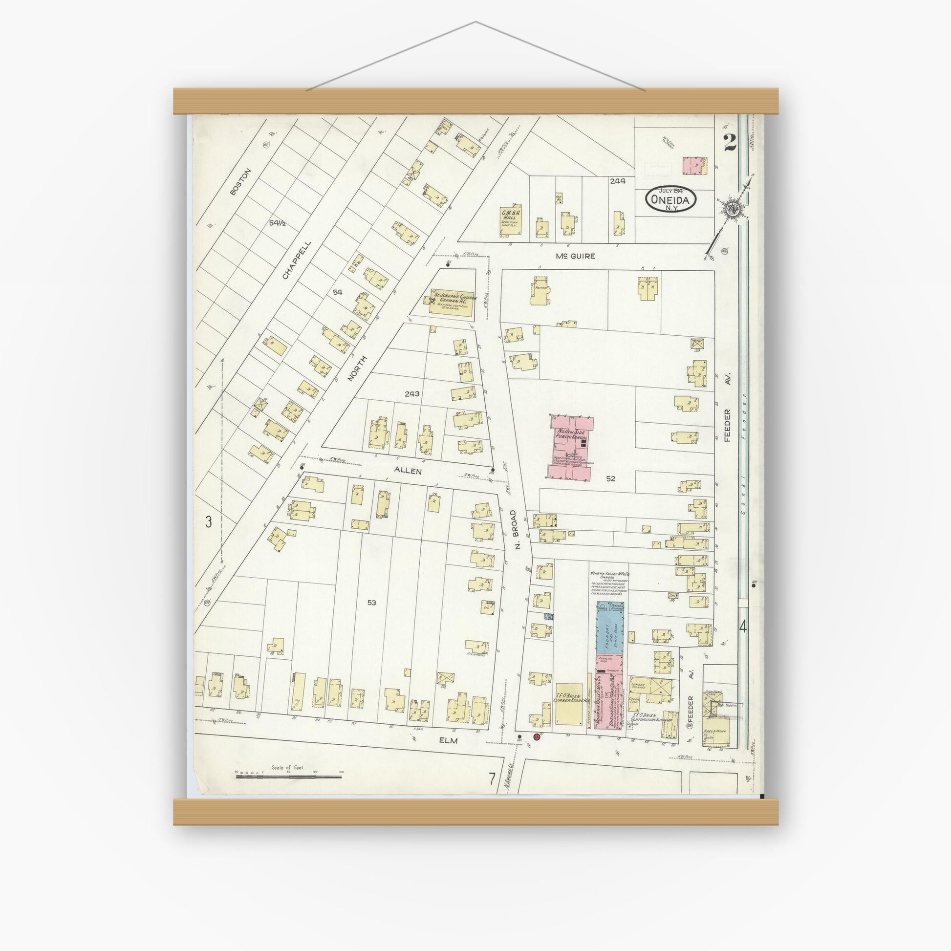 Old map wall art mockup — magnetic wood frame on white wall — Sanborn Fire Insurance Map from Oneida, Madison County, New York (1914) - Complete Map Set