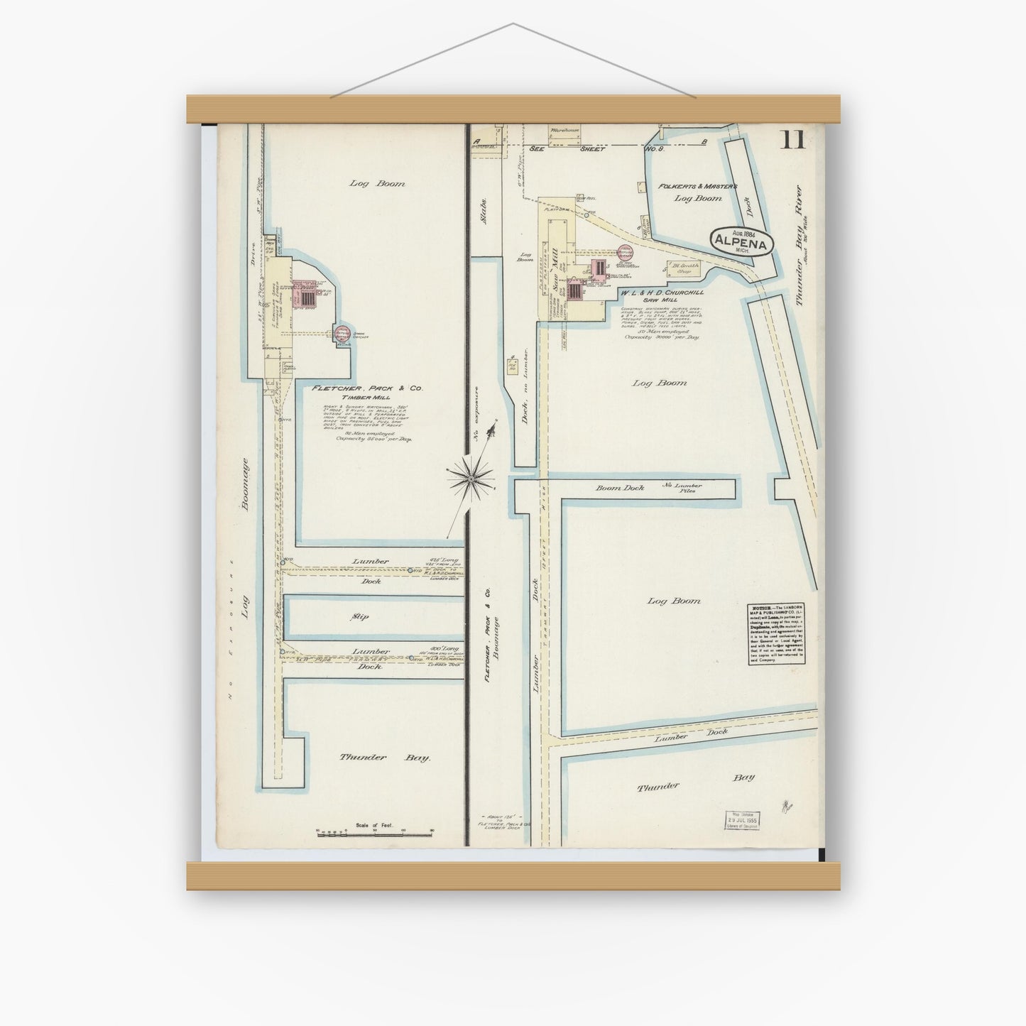 Old map wall art mockup — magnetic wood frame on white wall — Sanborn Fire Insurance Map from Alpena, Alpena County, Michigan (1884), Sheet #0011