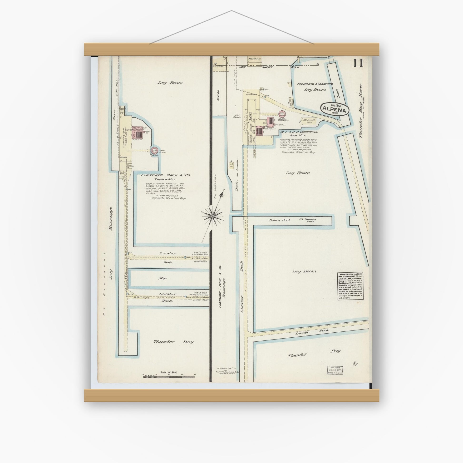 Old map wall art mockup — magnetic wood frame on white wall — Sanborn Fire Insurance Map from Alpena, Alpena County, Michigan (1884), Sheet #0011