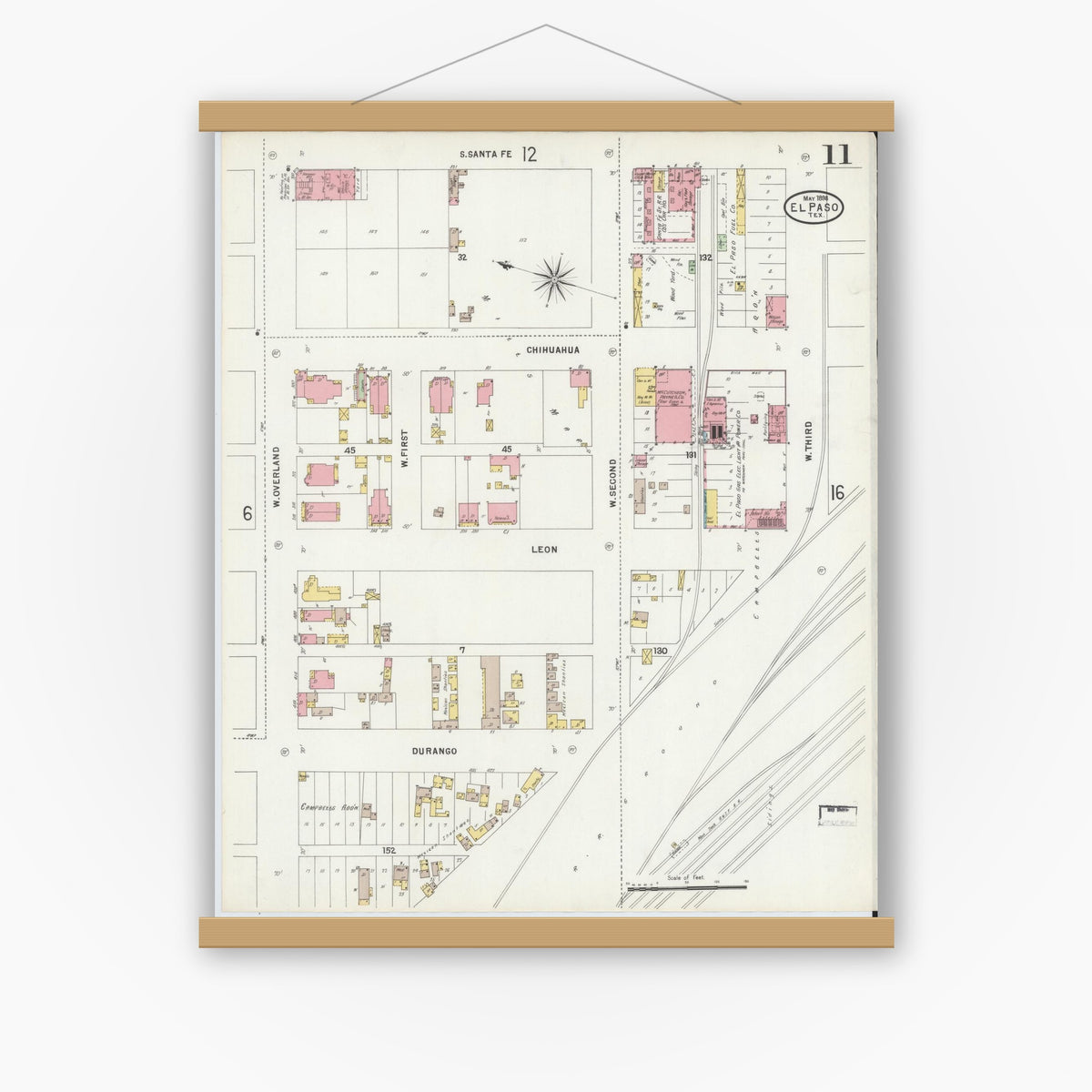 Old map wall art mockup — magnetic wood frame on white wall — Sanborn Fire Insurance Map from El Paso, El Paso County, Texas (1898), Sheet #0011