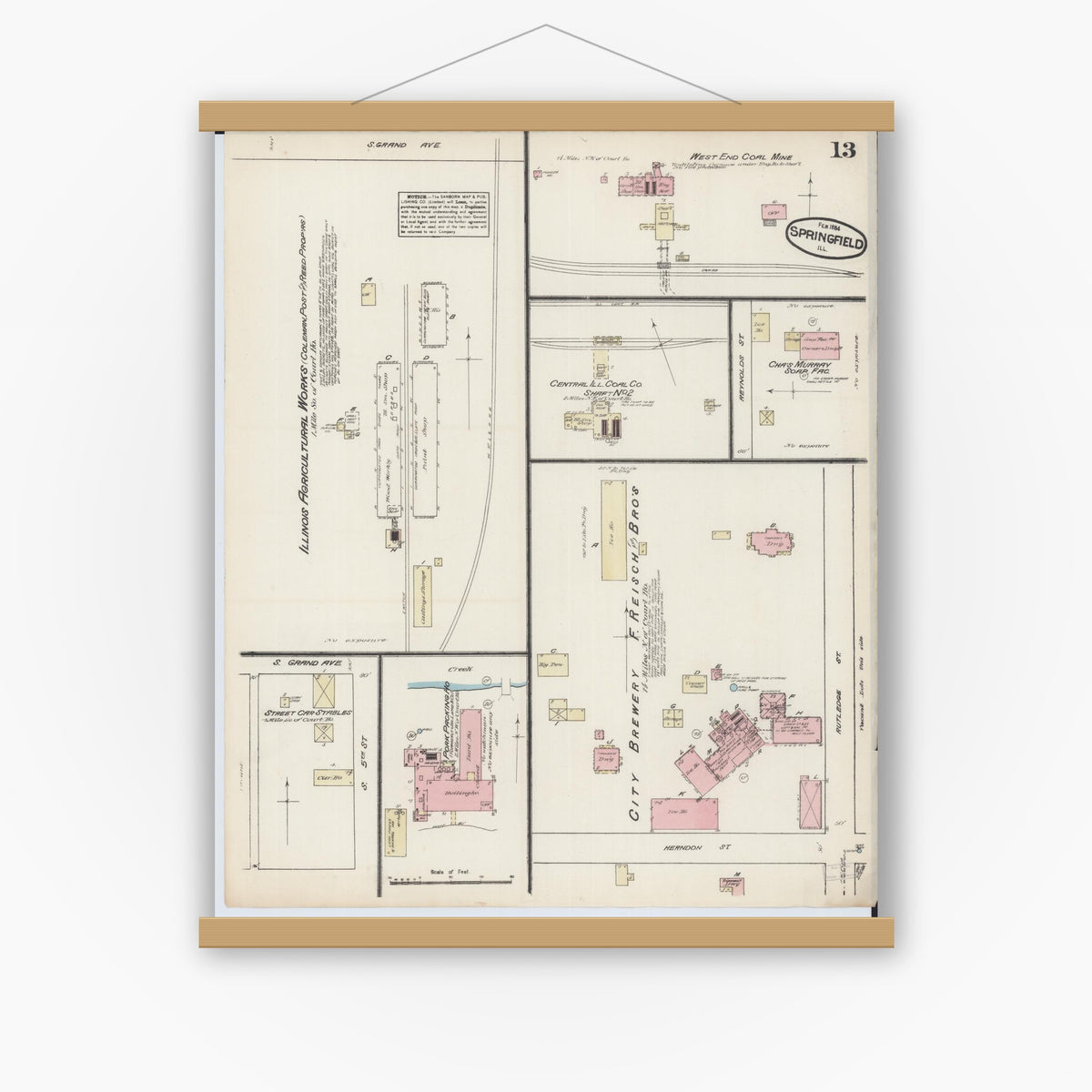 Old map wall art mockup — magnetic wood frame on white wall — Sanborn Fire Insurance Map from Springfield, Sangamon County, Illinois (1884), Sheet #0013