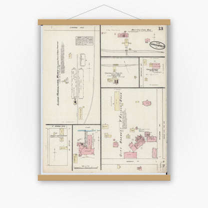 Old map wall art mockup — magnetic wood frame on white wall — Sanborn Fire Insurance Map from Springfield, Sangamon County, Illinois (1884), Sheet #0013