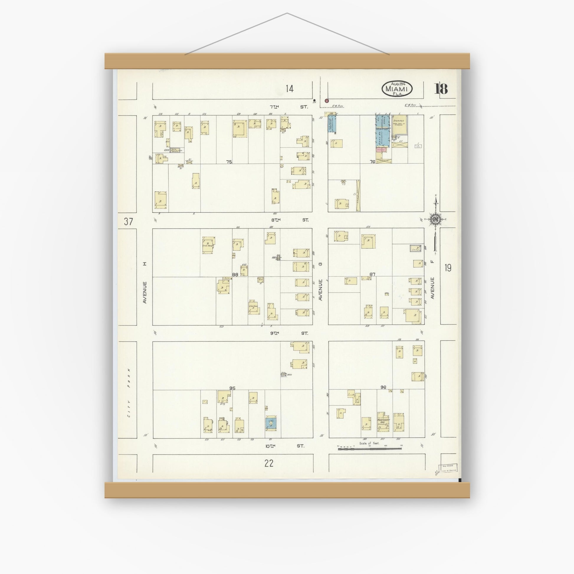 Old map wall art mockup — magnetic wood frame on white wall — Sanborn Fire Insurance Map from Miami, Dade County, Florida (1914), Sheet #0018