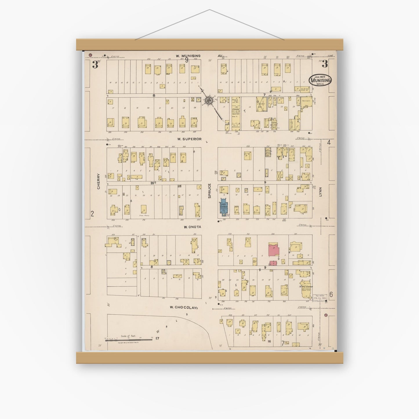 Old map wall art mockup — magnetic wood frame on white wall — Sanborn Fire Insurance Map from Munising, Alger County, Michigan (1923), Sheet #0003