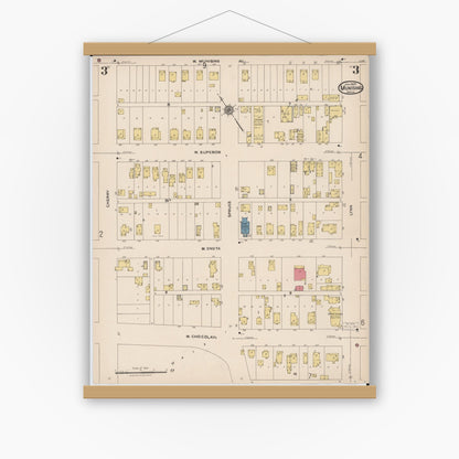 Old map wall art mockup — magnetic wood frame on white wall — Sanborn Fire Insurance Map from Munising, Alger County, Michigan (1923), Sheet #0003