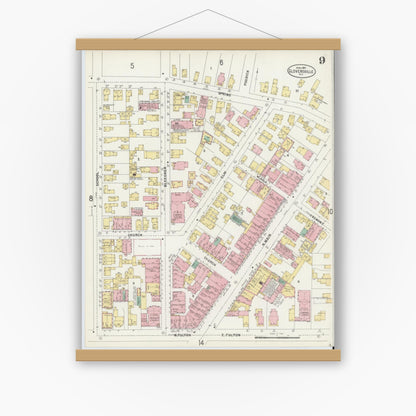Old map wall art mockup — magnetic wood frame on white wall — Sanborn Fire Insurance Map from Gloversville, Fulton County, New York (1897), Sheet #0009