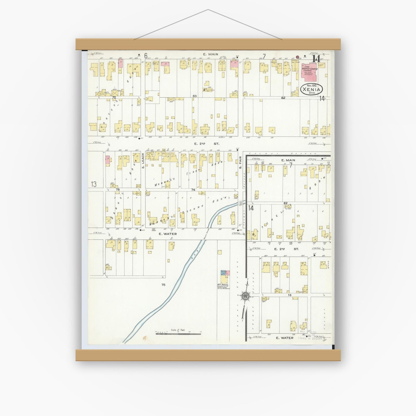 Old map wall art mockup — magnetic wood frame on white wall — Sanborn Fire Insurance Map from Xenia, Greene County, Ohio (1910), Sheet #0014