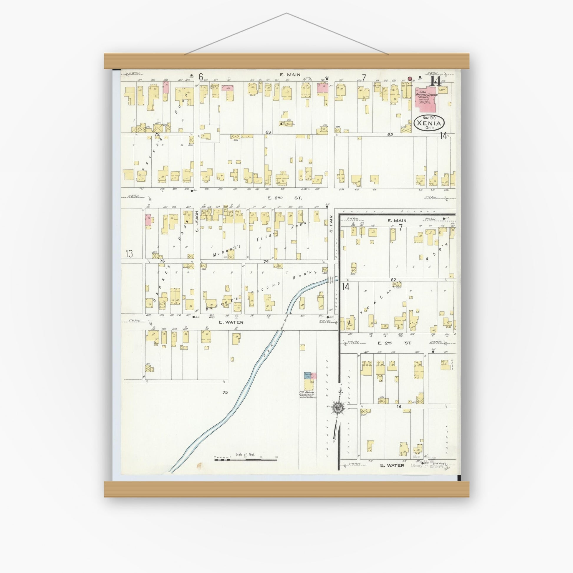 Old map wall art mockup — magnetic wood frame on white wall — Sanborn Fire Insurance Map from Xenia, Greene County, Ohio (1910), Sheet #0014