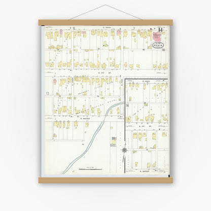 Old map wall art mockup — magnetic wood frame on white wall — Sanborn Fire Insurance Map from Xenia, Greene County, Ohio (1910), Sheet #0014