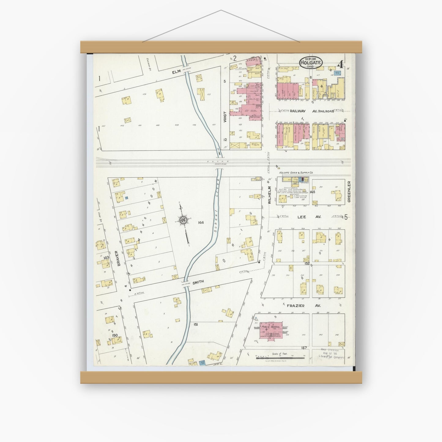 Old map wall art mockup — magnetic wood frame on white wall — Sanborn Fire Insurance Map from Holgate, Henry County, Ohio (1916), Sheet #0004